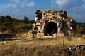 View ruins of ancient stone wall. Ruins of roman villa in Akkale literally `white castle`, Akdeniz,Turkey.