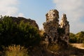 View ruins of ancient stone wall. Ruins of roman villa in Akkale literally `white castle`, Akdeniz,Turkey.