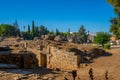 View of the ruins of the architectural complex of the Roman Amphitheater and Theater of Merida and the stage of the Roman theater Royalty Free Stock Photo