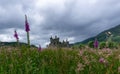 View of the ruins of the historic Kilchurn Castle near Dalmally with a colorful wildflower meadow in the foregorund Royalty Free Stock Photo