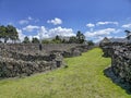 View of ruins of an Inca-era stone citadel undergoing conservation by authorities Royalty Free Stock Photo