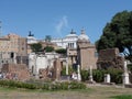 View of the ruins of the Roman forum against the blue sky. August 2012