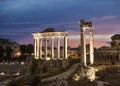 View of the ruins of the Roman Forum with the temple of Saturn. Rome