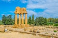 View of ruins of the temple of Castore and Polluce in the Valley of temples near Agrigento in Sicily, Italy