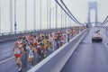 View of runners crossing Verrazano Bridge at the start of NY City Marathon