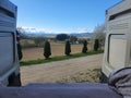 View into the rural carinthian landscape in austria. Vanlife and Freedom concept - digital nomad life.