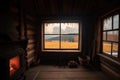 view of rural landscape from inside cozy cabin, with warm fireplace and welcoming atmosphere