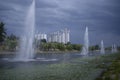 View of the Rusanovka canal, fountains working, buildings on the background and cloudy sky