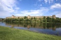 View of the Russian ancient Ivangorod fortress from the Estonian bank of the Narova river Royalty Free Stock Photo