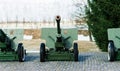 View of the russian cannons and howitzers in a park. Military museum outdoors