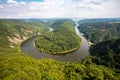 The view of the Saarschleife or Saar loop, the bend or meander of Saar river. The valley, cliffs and hills. Saarland, Germany. Royalty Free Stock Photo