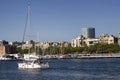 View of a sailboat arriving Barcelona marina