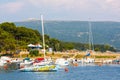 View on sailboat harbor in Krk with many moored sail boats and yachts, Croatia
