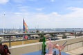 View of sailboats docked at the pier viewed from University of Kiel Sailing Center Royalty Free Stock Photo