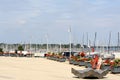 View of sailboats docked at the pier viewed from University of Kiel Sailing Center