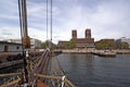 View from the sailing boat to the port and the City Hall of Oslo