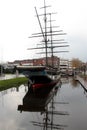 View on a sailor ship and its reflection at the canal in papenburg germany