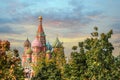 View of Saint Basil`s Cathedral in the morning, Red Square, Moscow, Russia. through the green trees Royalty Free Stock Photo