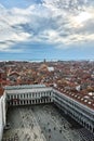 View of Saint Mark`s Square, Piazza San Marco, and the city of Venice from the bell tower Campanile di San Marco Royalty Free Stock Photo