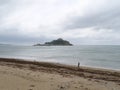 View of Saint Michael's Mount Cornwall England from beach with sea weeds