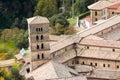 View of Saint Scholastica medieval monastery surrounded, by trees in Subiaco. Founded by Benedict of Nursia