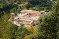 View of Saint Scholastica medieval monastery surrounded, by trees in Subiaco. Founded by Benedict of Nursia