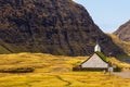 View of the Saksunar Church in small village on Streymoy island. Saksun, Faroe Islands
