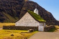 View of the Saksunar Church in small village on Streymoy island. Saksun, Faroe Islands