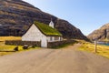 View of the Saksunar Church in small village on Streymoy island. Saksun, Faroe Islands