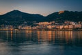View of Salerno and mountains at night, Campania, Italy