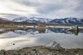 View of a Saline Soda Lake with Snow Capped Eastern Sierra Navada Mountains on a Cloudy Day in the Afternoon with Sunlight Shinnin Royalty Free Stock Photo