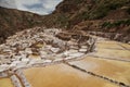 View of Salt ponds, Maras, Peru, South America with cloudy blue sky