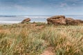 View of the salty lake Baskunchak from the side of the mountain Big Bogd. Unique natural formation in the steppe Royalty Free Stock Photo