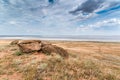 View of the salty lake Baskunchak from the side of the mountain Big Bogd. Unique natural formation in the steppe Royalty Free Stock Photo