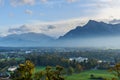 View on Salzburg and mountain Untersberg from mountain Monchsberg. Austria