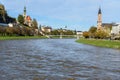 View of Salzburg and Salzach river with bridge from Makartsteg bridge. Austria Royalty Free Stock Photo