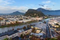 View of Salzburg and Salzach river from Monchsberg mountain. Austria