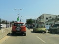 View of samba road in the Luanda city downtown center with road, vehicles, people selling products on road and buildings Royalty Free Stock Photo