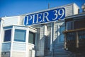 View of Pier 39 with seals and sea lions on wooden platforms in Fisherman`s Wharf of San Francisco bay, California, USA Royalty Free Stock Photo