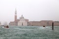 View of San Giorgio Maggiore church in San Giorgio Island in a foggy day, Venice Venezia, Italy.