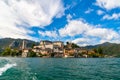 View of San Giulio island inside Orta`s Lake, Piemonte, Italy Royalty Free Stock Photo