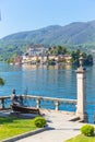 Romantic view of San Giulio island at Lake Orta, Piedmont, Italy Royalty Free Stock Photo