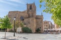 View at the San Juan Bautista church on San Juan Bautista square, tourist people strolling and visiting heritage buildings