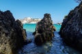 View of San Nicola Island trought the rock of cala delle arene beach in San Domino island Royalty Free Stock Photo