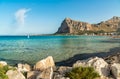 View of San Vito Lo Capo beach with Monte Monaco in background, Sicily. Royalty Free Stock Photo