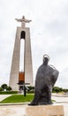 View of Sanctuary of Christ the King Santuario de Cristo Rei and statue of the Virgin Mary. Lisbon, Portugal