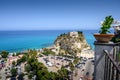 View of the sanctuary of Santa Maria dell`Isola from city walls of Tropea Calabria, ITALY