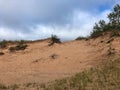 View of sand dunes from hilltop in state park in Michigan