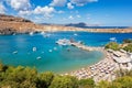 View of sandy beach in Bay of Lindos Rhodes, Greece Royalty Free Stock Photo