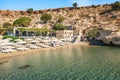 View of sandy beach in Bay of Lindos Rhodes, Greece Royalty Free Stock Photo
